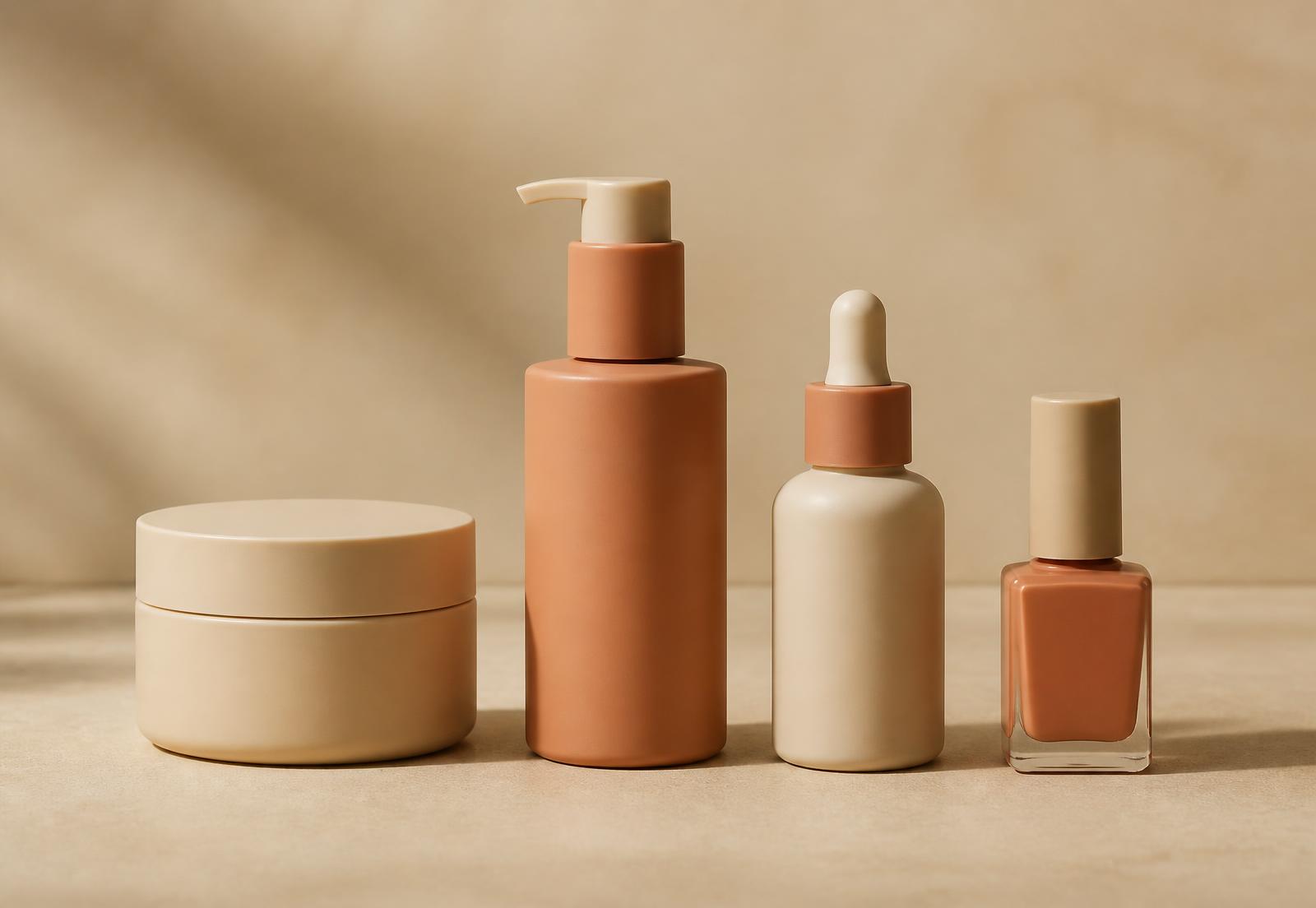Linha de embalagens cosméticas em tons de areia e terracota